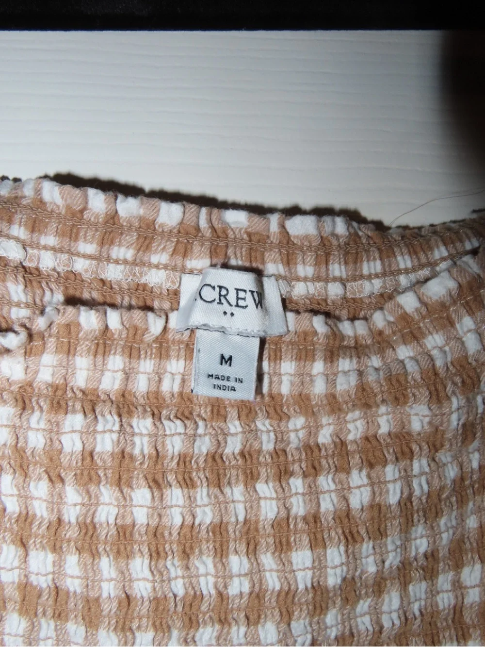 J. Crew Tan and White Gingham Smocked Puff-Sleeve Top